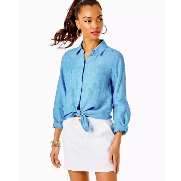 Lilly Pulitzer Sea View Linen Button Down Top Beckon Blue & Sea Salt Blue Shirt - Picture 1 of 11